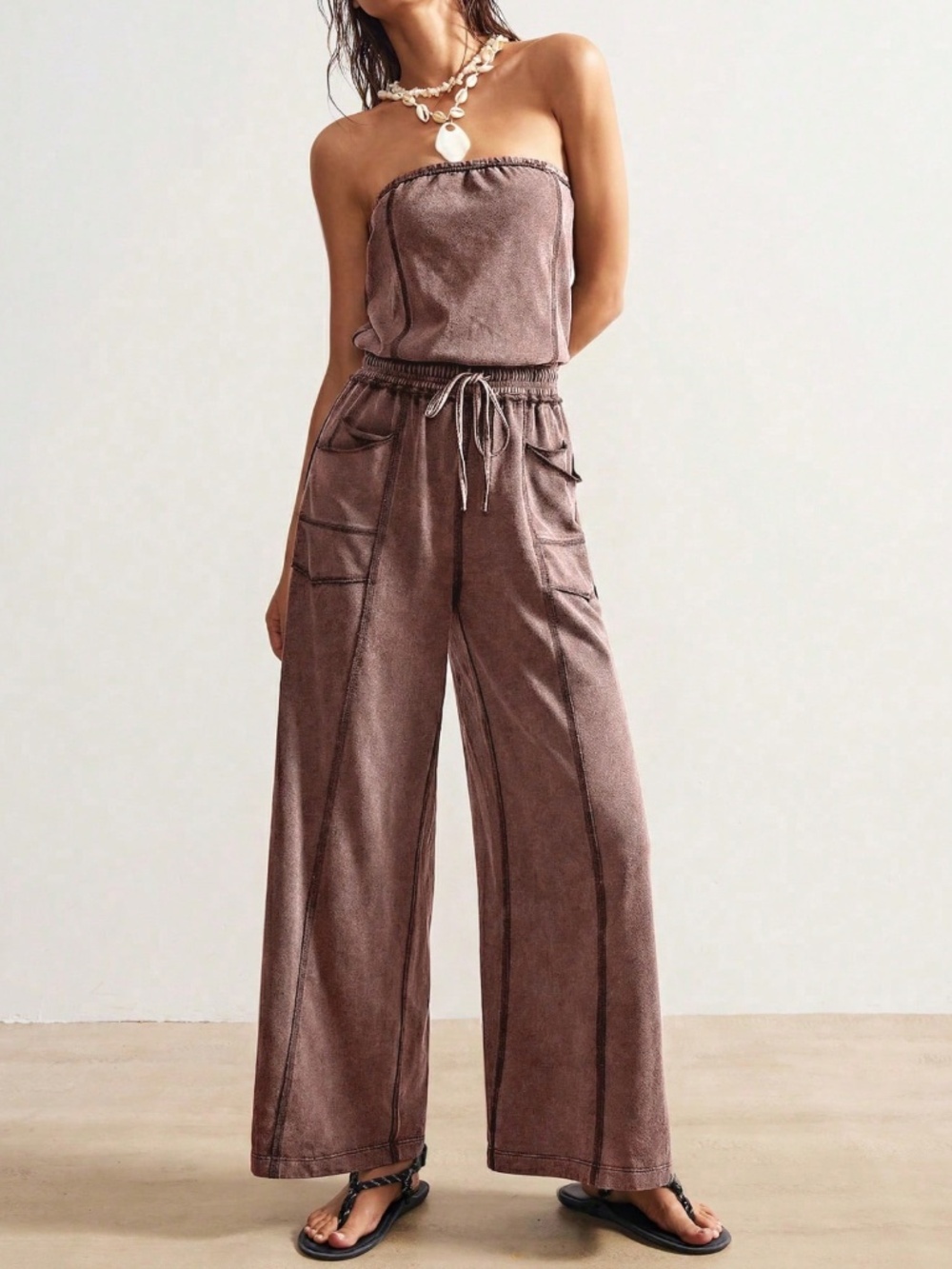 Strapless Brown Boho Wide Leg Jumpsuit with Pockets - Picture 6 of 8